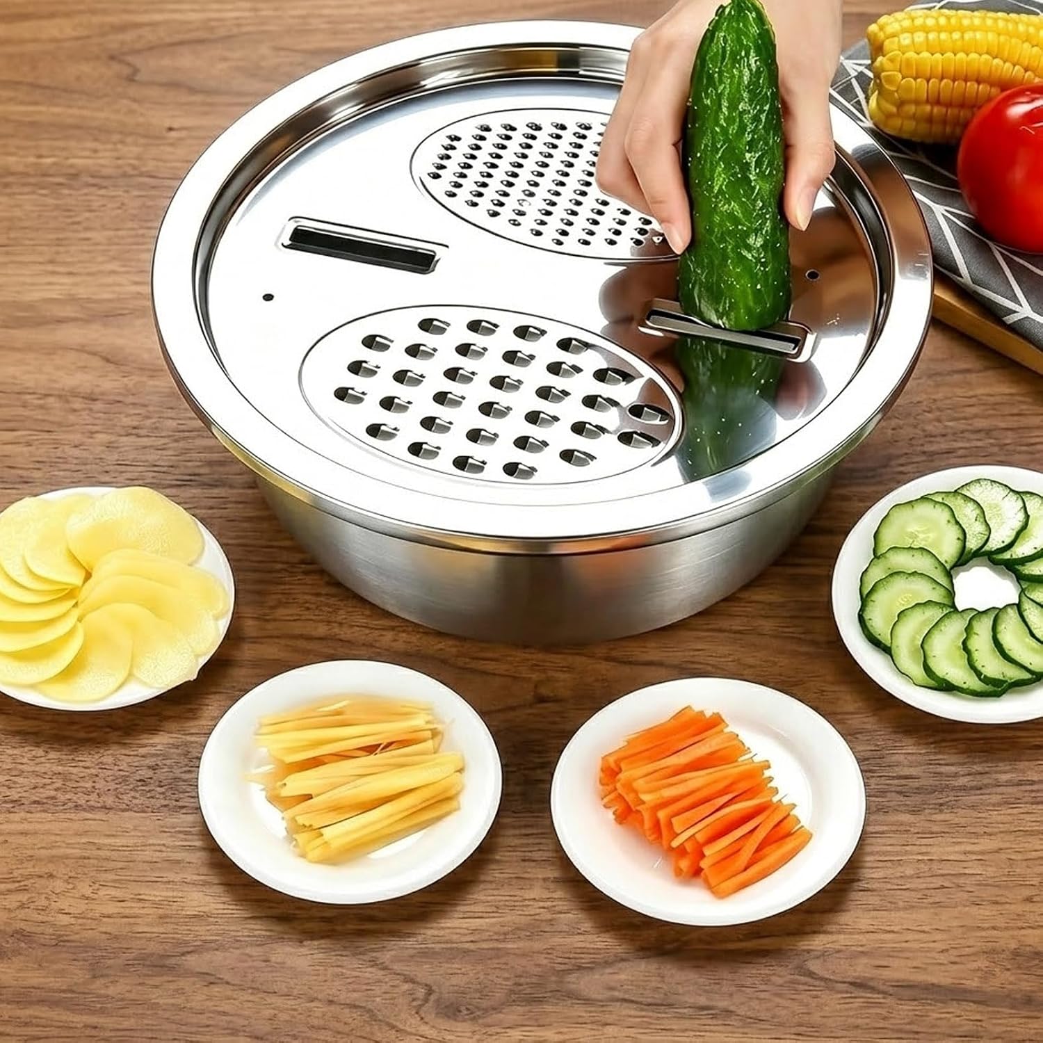 3-in-1 Stainless Steel Grater Bowl Vegetable Slicer Drain Basin (11.02in)