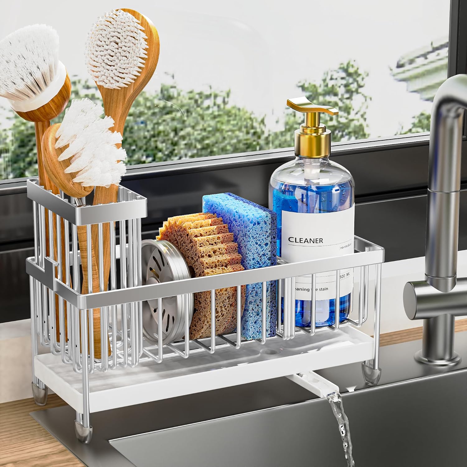 Cisily Sponge Holder for Kitchen Sink, Sink Caddy with High Brush Holder