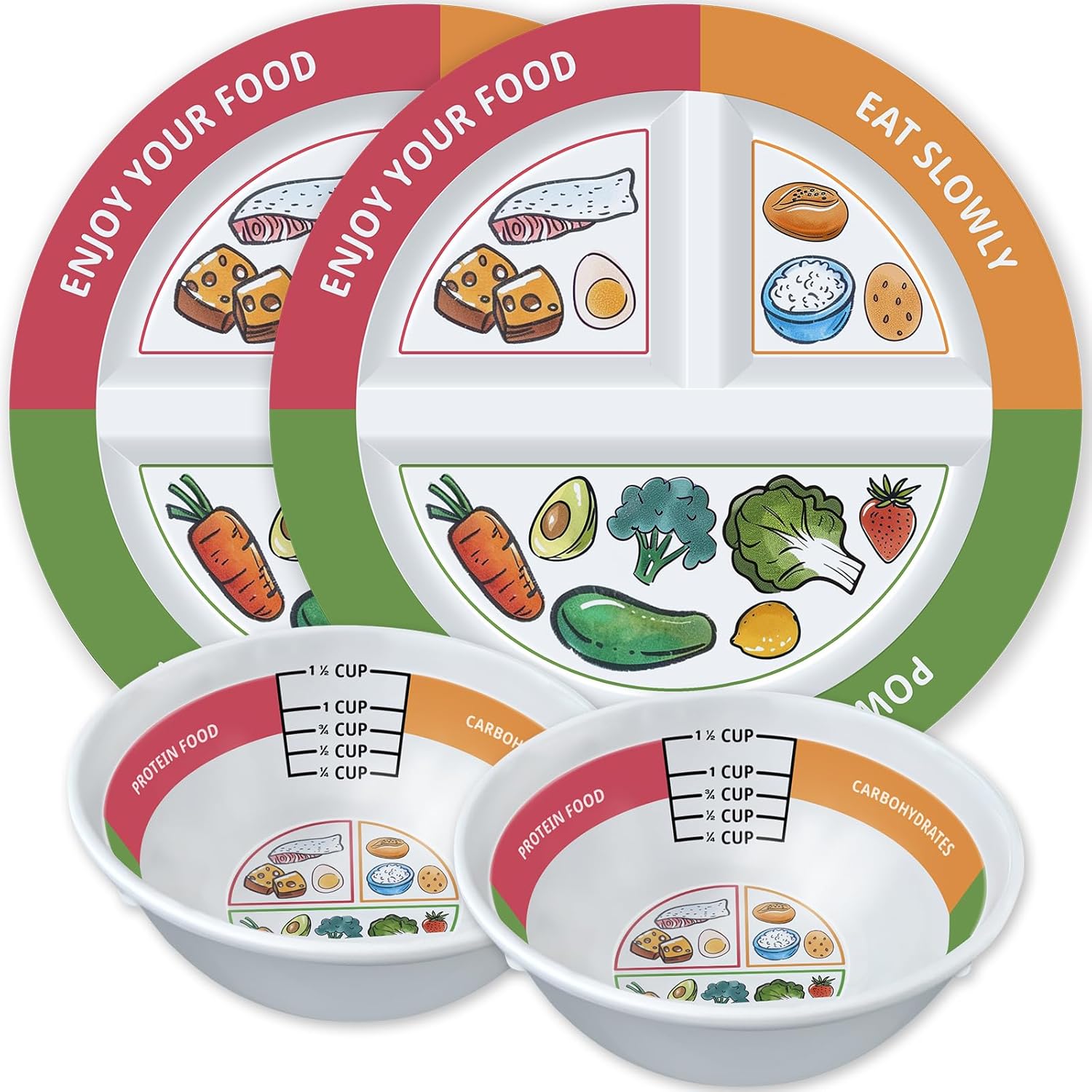 4 Pcs Portion Control Plates & Bowls Set