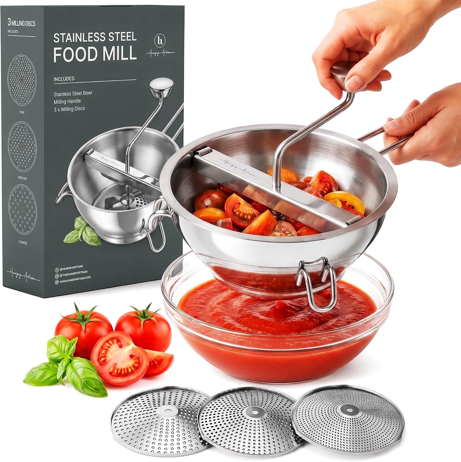 Ergonomic Food Mill Stainless Steel with 3 Grinding Milling Discs
