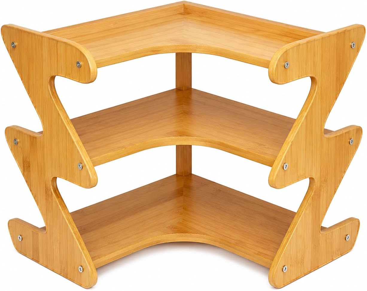 3-Tier Bamboo Corner Spice Rack for Kitchen Countertop Storage