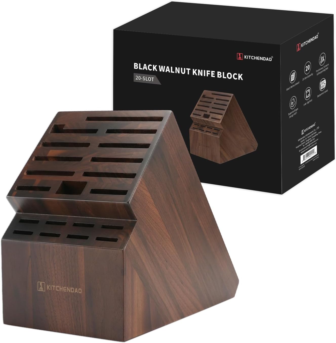 KITCHENDAO 20 Slot Black Walnut Wood Knife Block Without Knives