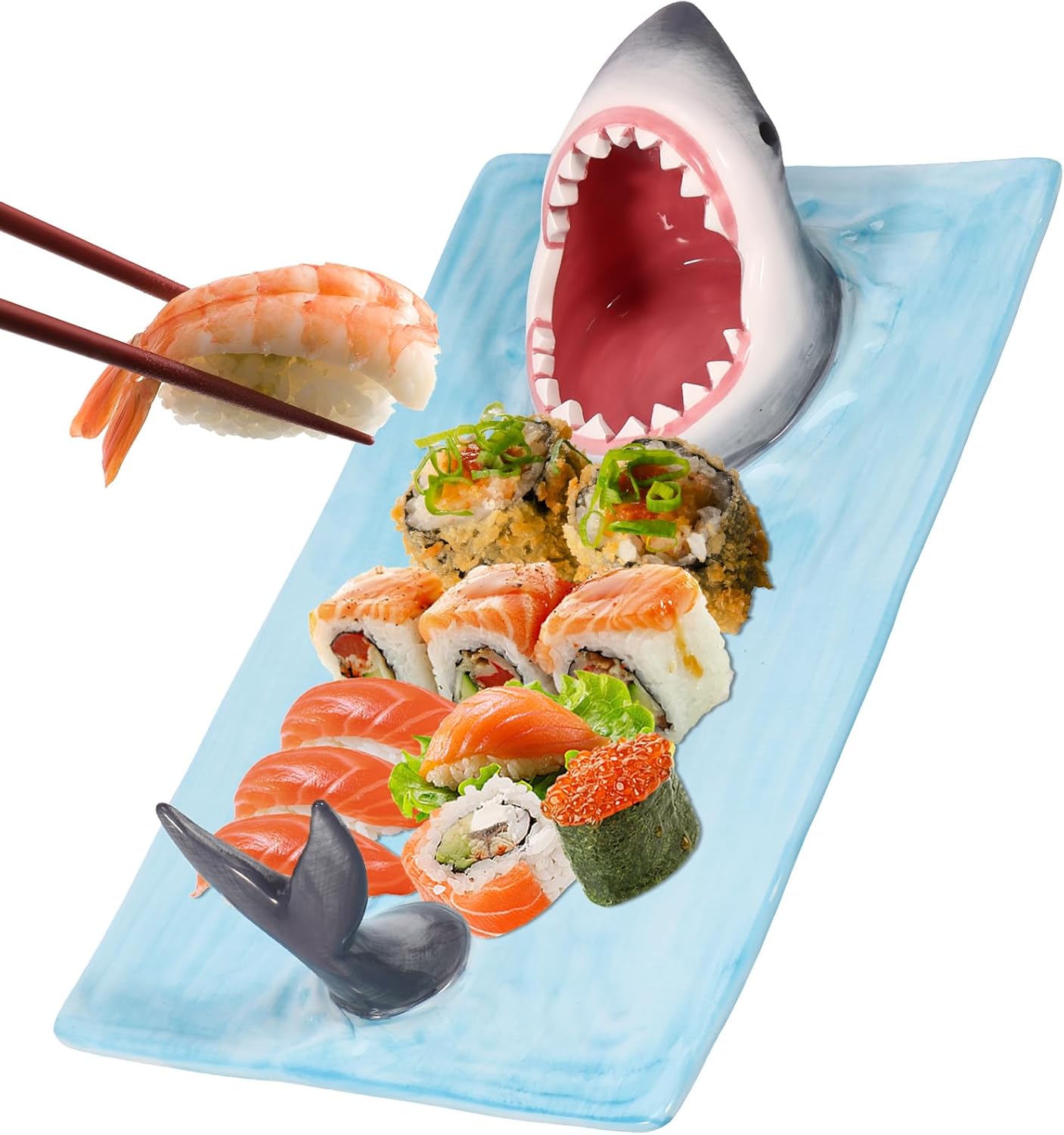 3D Shark Shape Sushi Serving Platter, Ceramic Rectangle Creative Food Serving Plate