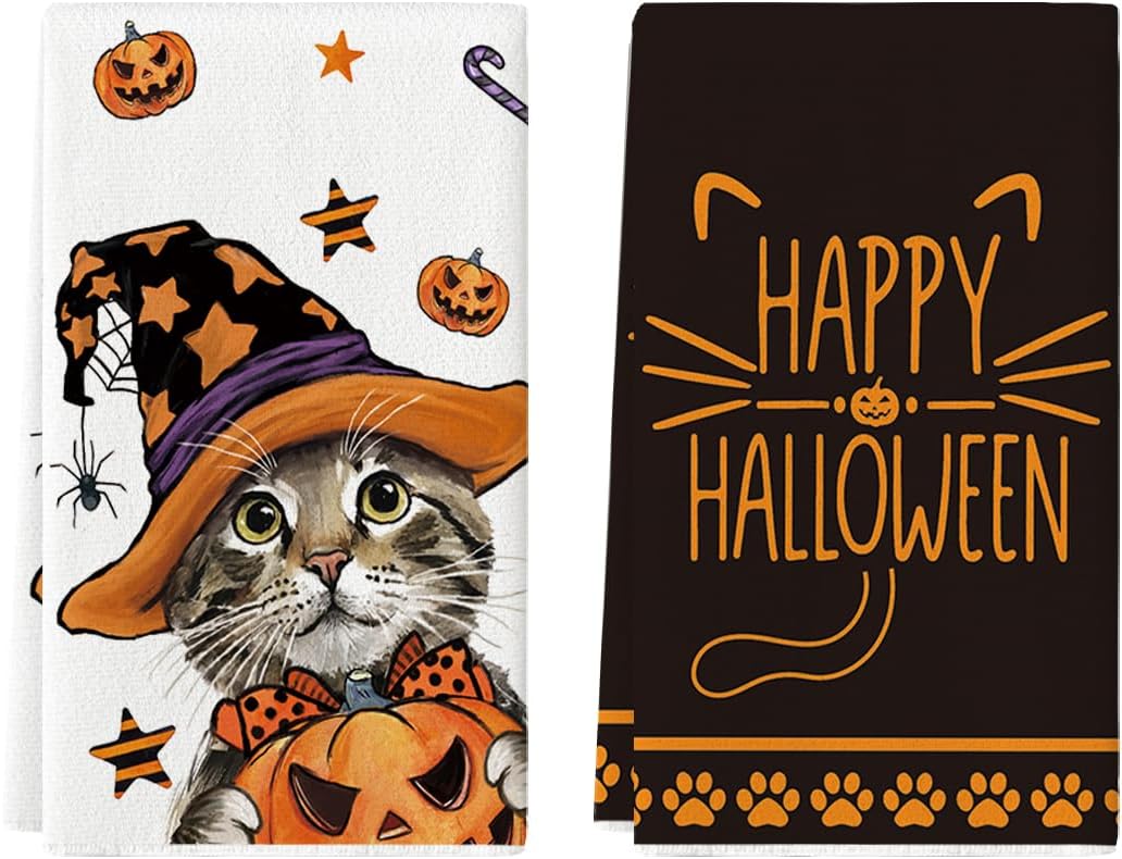 Artoid Mode Pumpkin Cat Halloween Kitchen Towels