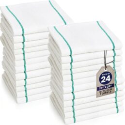 White Kitchen Towel Green Double Stripe