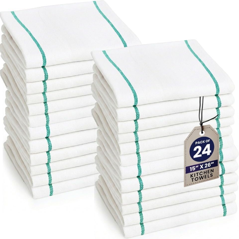 White Kitchen Towel Green Double Stripe