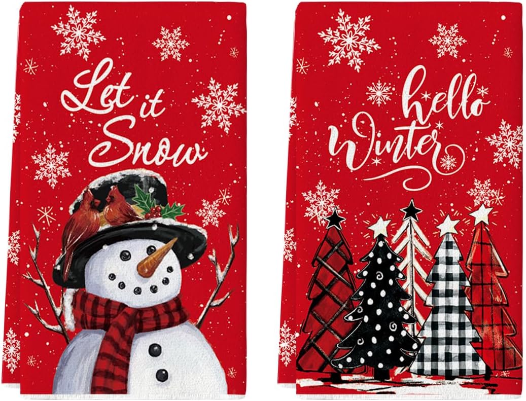 Artoid Mode Red Snowman Hello Winter Kitchen Towels Set of 2