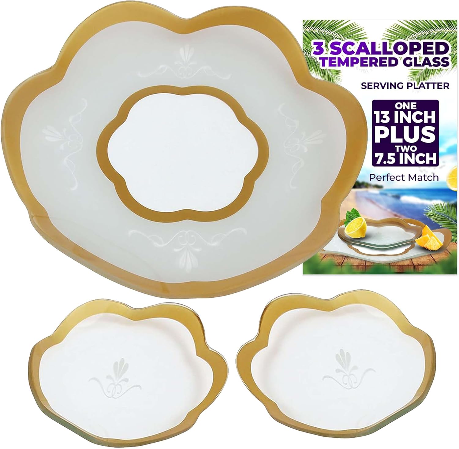 GAC Set of 3 Scalloped Tempered Glass Round Serving Platter