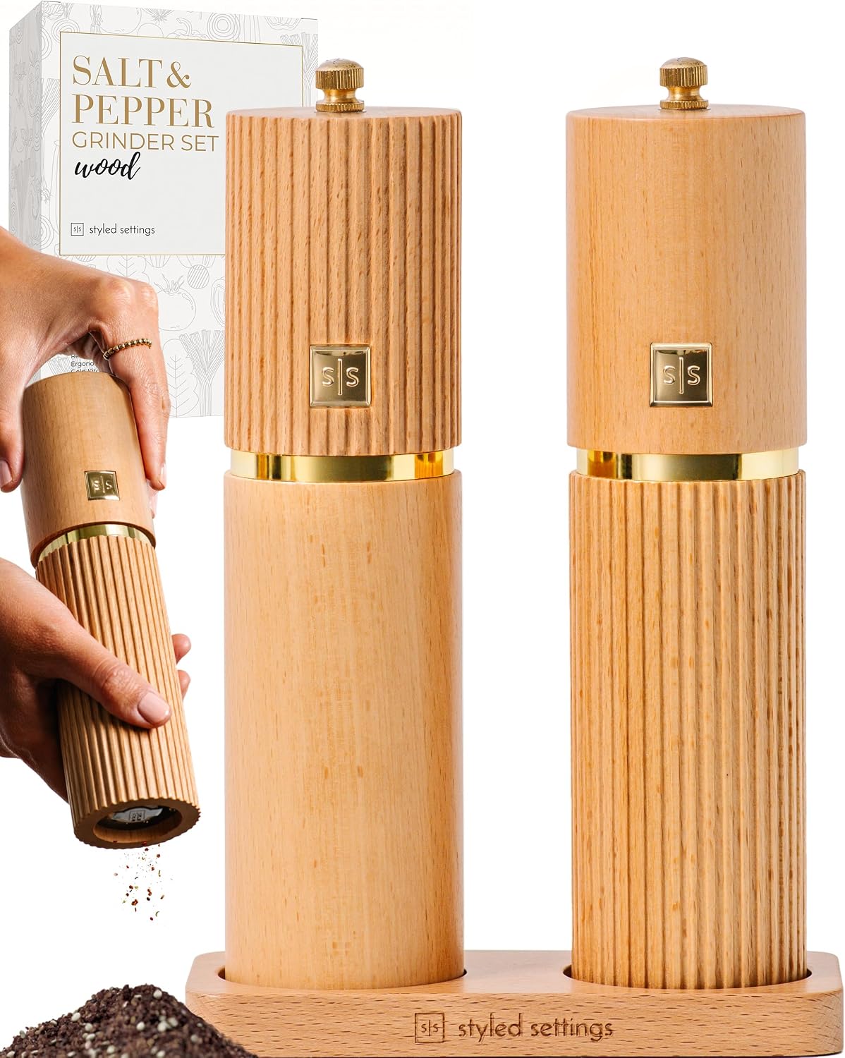 Styled Settings Wooden Salt and Pepper Grinder Set, Light Wood
