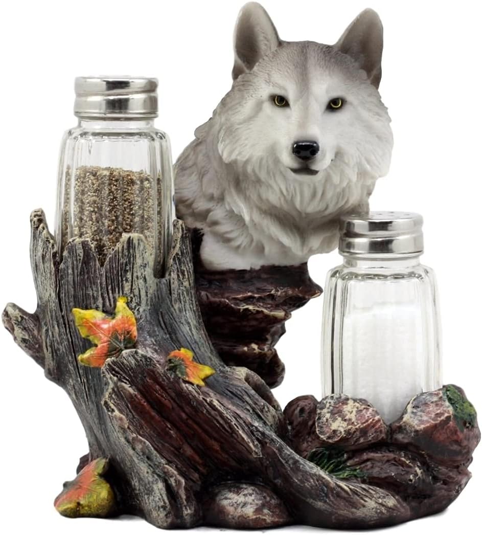 DWK Gray Wolf Salt & Pepper Holder Figurine with Refillable Salt and Pepper Shakers