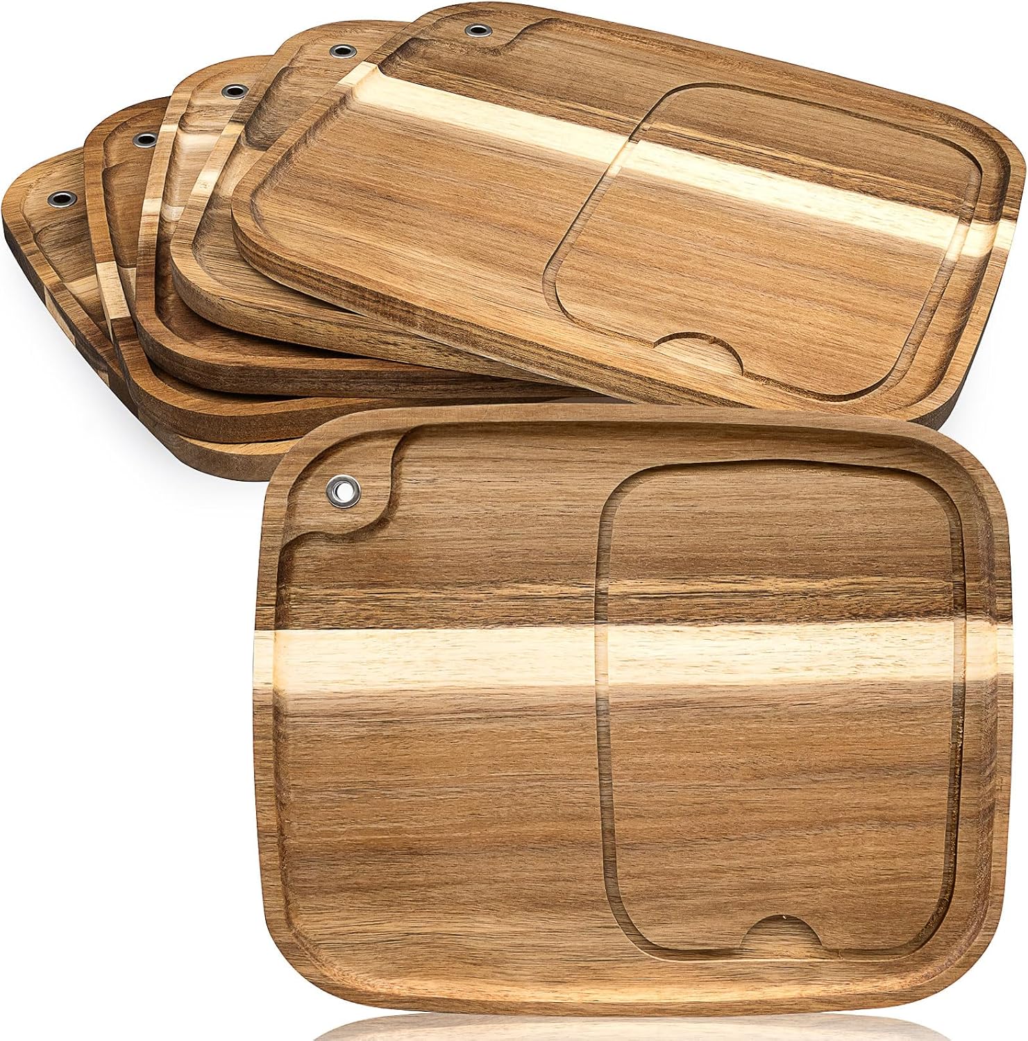 6 Pcs Acacia Wood Steak Plates, 13 x 11 in Steak Boards with Juice Groove