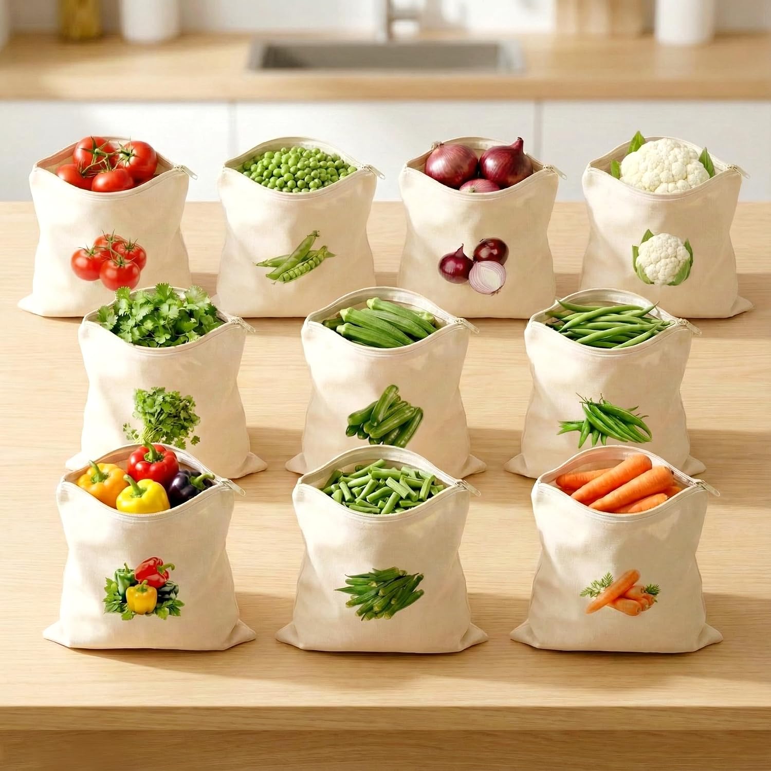 100% Cotton Reusable Vegetable Bags for Fridge