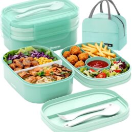 2 Layers Bento Box, All-in-One Stackable Lunch Container with Compartments