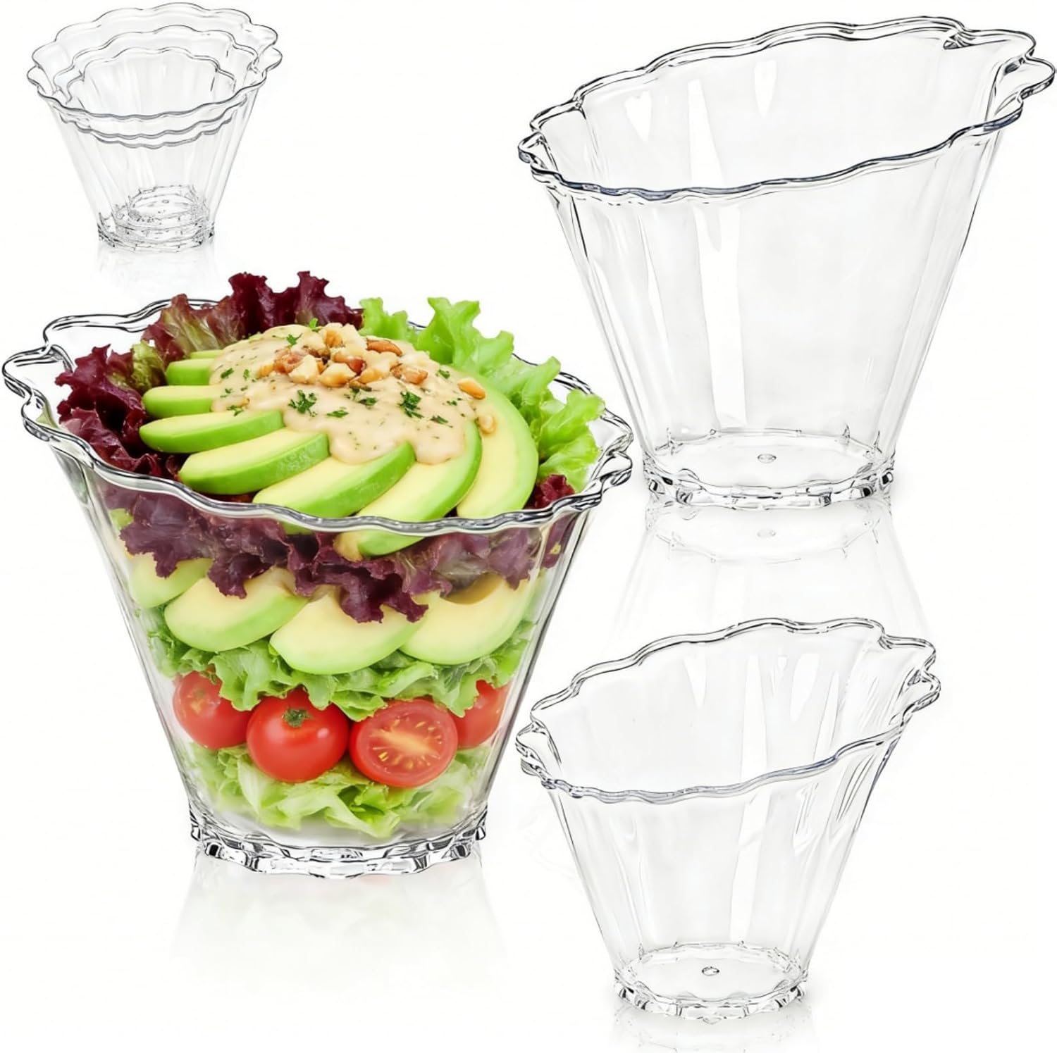 Covzoe 3 Pack Angled Plastic Serving Bowls, Thick Reusable Clear Salad Bowl