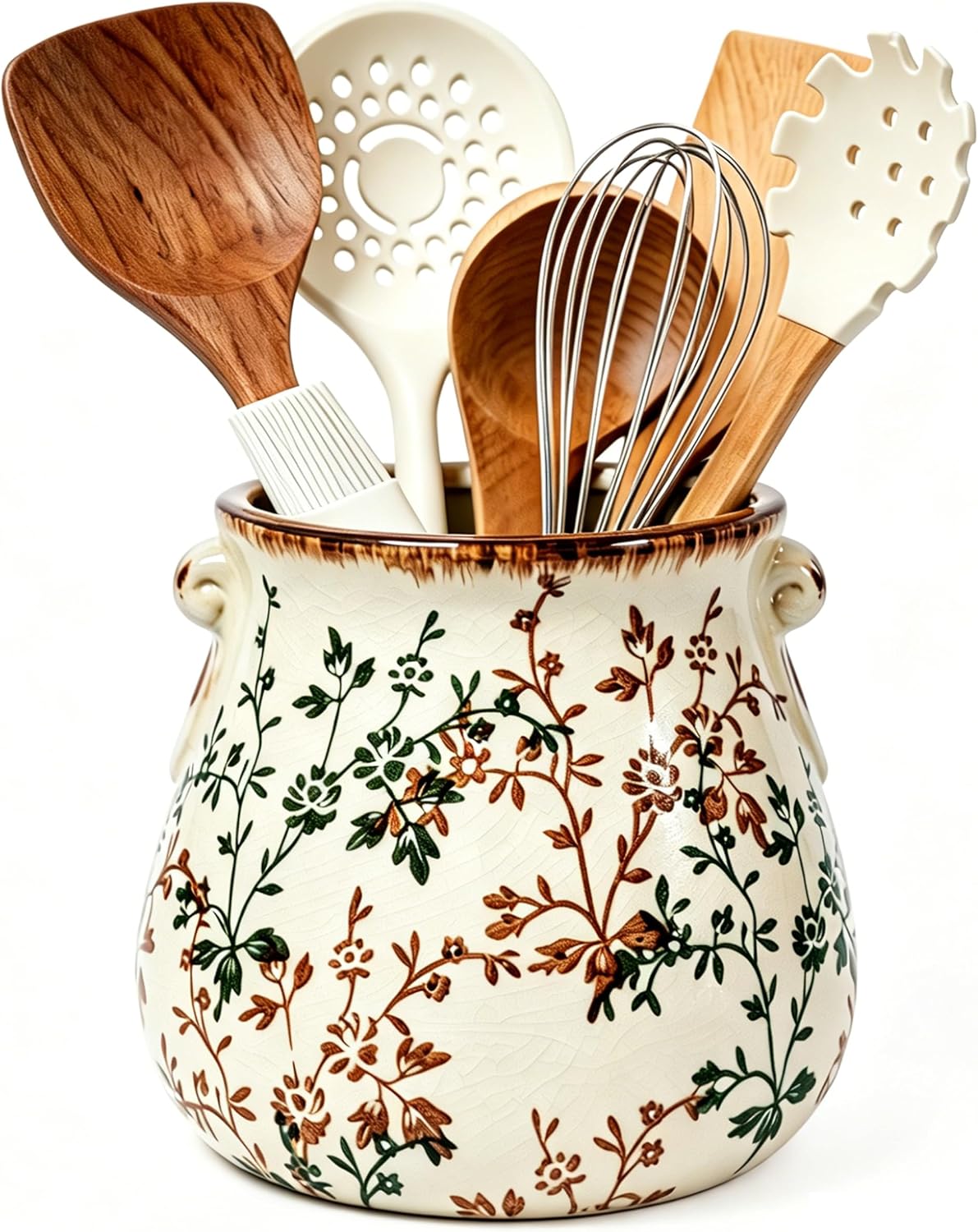 Rustic Ceramic Utensil Holder, Green Floral Farmhouse Counter Crock