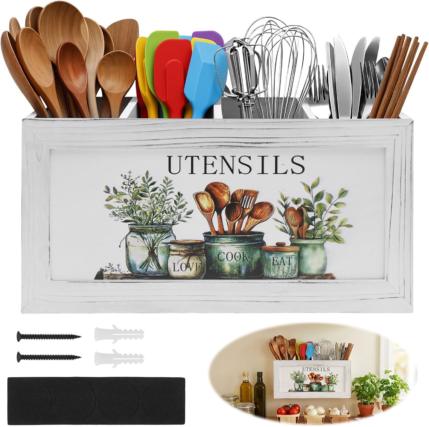 Wooden Kitchen Utensil Holder 4 Compartments