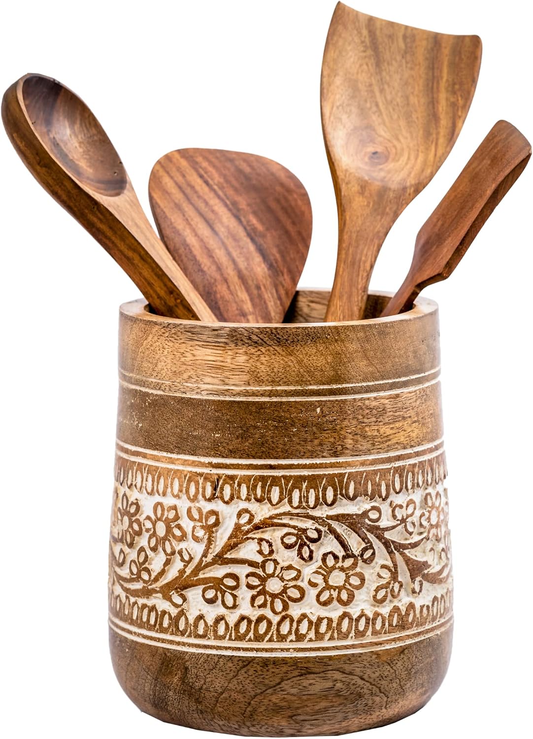 Mie Creations Farmhouse 7” Large Wooden Utensil Holder- White Floral