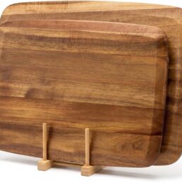 Acacia Wood Cutting Board Set of 2 with Stand, Reversible Charcuterie