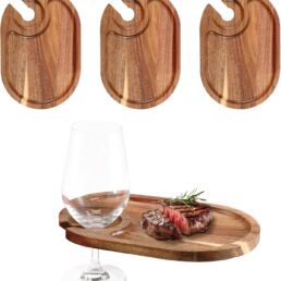 4Pcs Wood Appetizer Plates with Wine Glass Holder